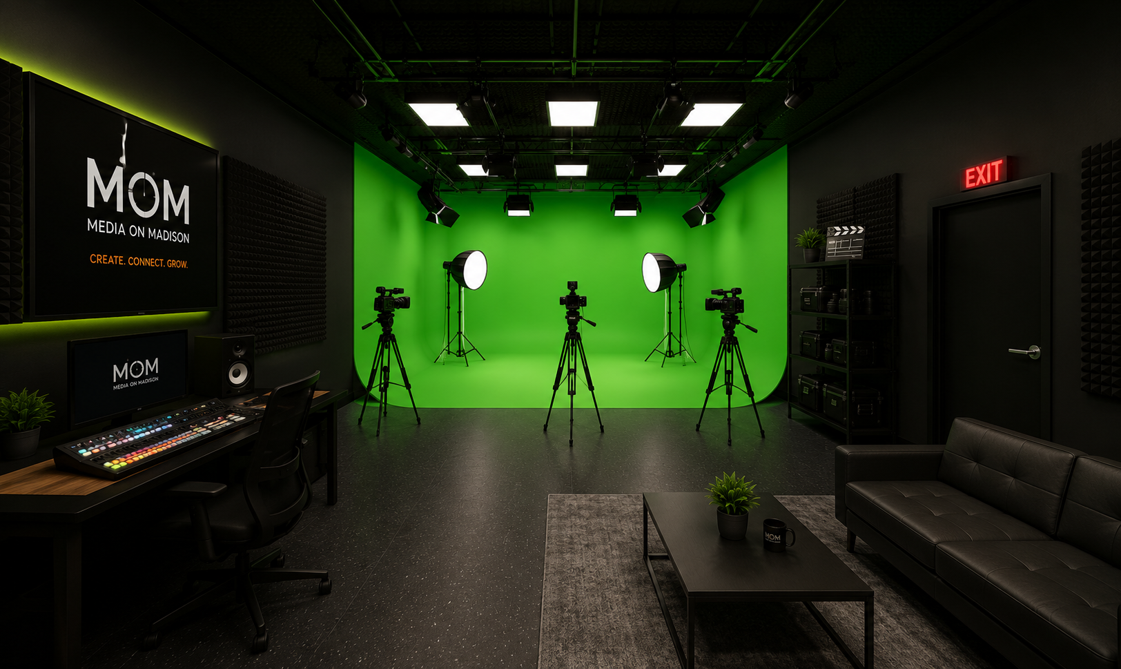 Green screen video and virtual production stage with professional lighting rigs and camera equipment.